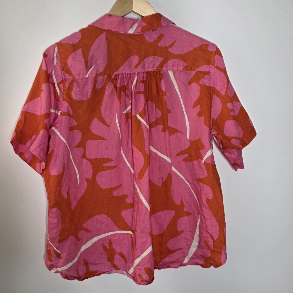 Trovata Birds of Paradise Margot shirt Pink palm print 100% Linen Size Medium - Picture 7 of 11
